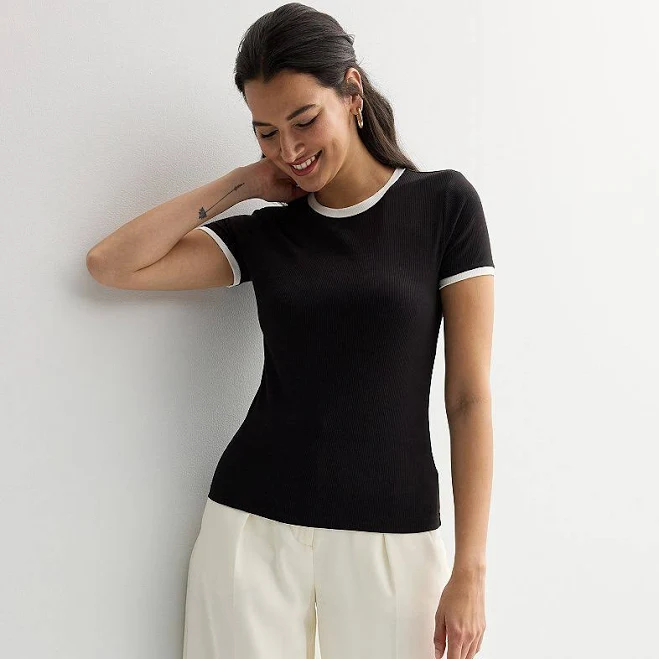 top Women's Nine West Fitted Ribbed Crewneck Top, Size: XXL, Black Kohl's $11.99