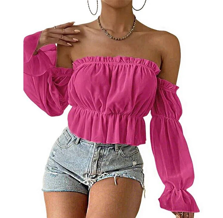 off-shoulder top Women's Off Shoulder Ruffle Trim Smocked Waist Chiffon Crop Top Kohl's $25.99
