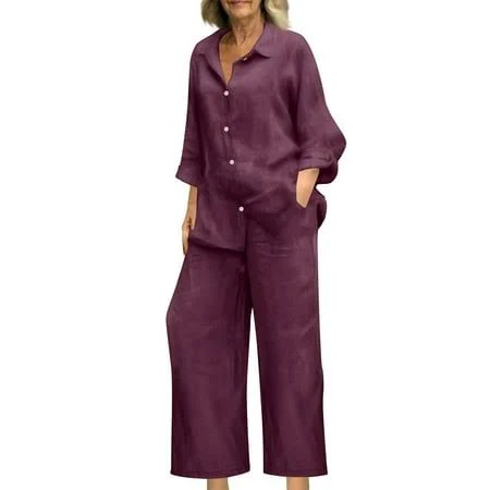 matching set Women's Oversized Linen Button Down Shirt and Wide Leg Trousers Set Walmart - deyunn Co.Ltd $17.99