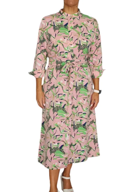 shirt dress Women's Pink Green Floral Print Button Up Cotton Midi Dress With Belt eBay $80.91