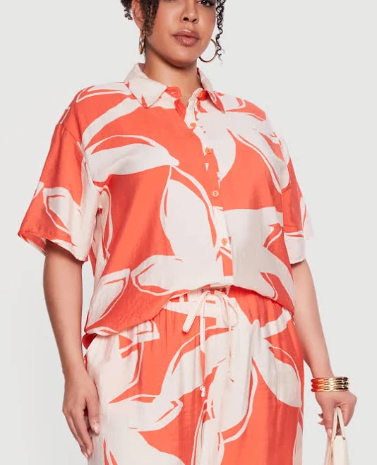 top Womens Plus Size Abstract Flower Print Shirt, Coral, Size 1X - Rainbow Shops Rainbow Shops $16.97
