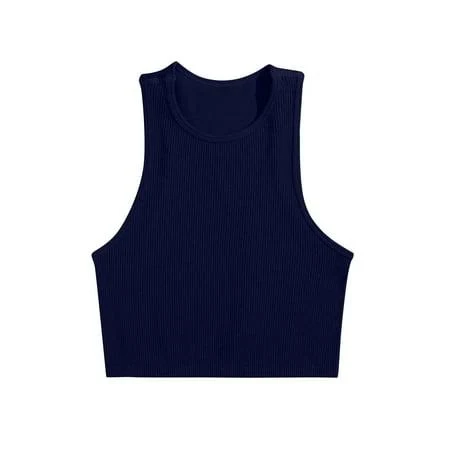 top Women's Ribbed Knit Sleeveless Round Neck Slim Fitted Crop Tank Top Walmart - Penkiiy $11.07