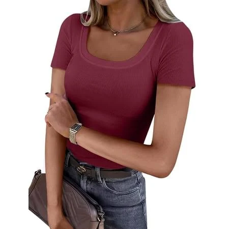 top Women's Ribbed Knit Slim Fitted Short Sleeve Top Walmart - ANRABESS FASHION $14.99