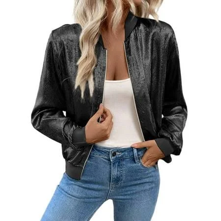 outerwear Women's Shiny Satin Bomber Jacket Walmart - NWUDEQYJ $19.99