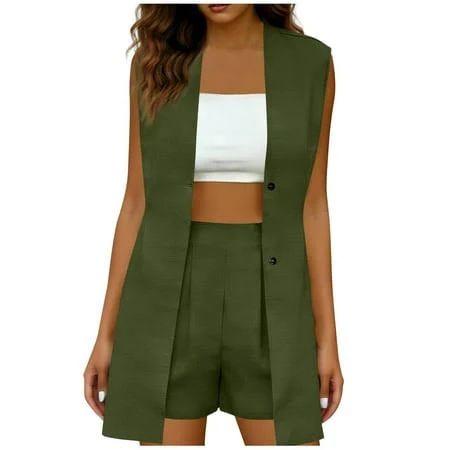 matching set Women's Sleeveless Linen Blazer Jacket Top & High Waist Shorts Set Walmart - Jewelreauty Clothes $20.99