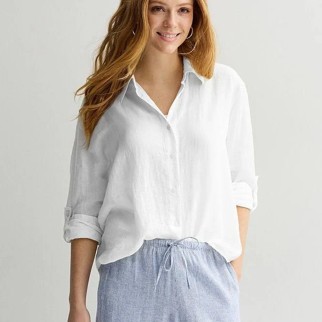 top Women's Sonoma Goods For Life Linen Oversized Boyfriend Shirt, Size: Large, Vital White Kohl's $26.24