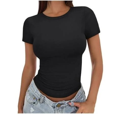 crop top Women's Stretch Short Sleeve Workout T-Shirt Walmart - cfhntfmh Stores $5.99