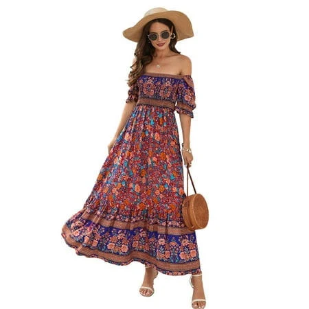 dress Women's Summer Off Shoulder Boho Floral Print Tiered Casual Flowy Long Maxi Dress Red Bottom XL Walmart - Moucles $25.81