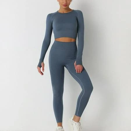 matching set Women's Yoga Set with Long Sleeve Crop Top and High Waist Leggings Walmart - DailyTrove $22.87