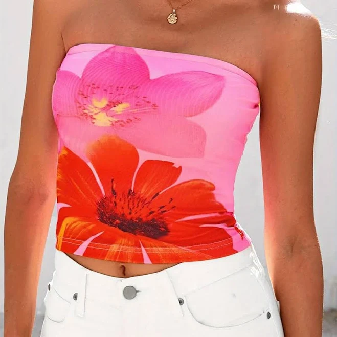 tube top Y2K Floral Print Strapless Bandeau Crop Top Temu $7.92
