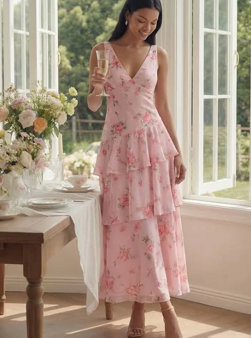 dress Zapaka Women's V-Neck Tiered Ruffled Chiffon Dress Zapaka $119