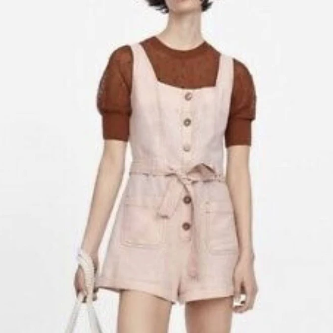 romper Zara Light Pink Linen Tie Waist Button Romper Jumper W/ Pockets Xs / eBay $25