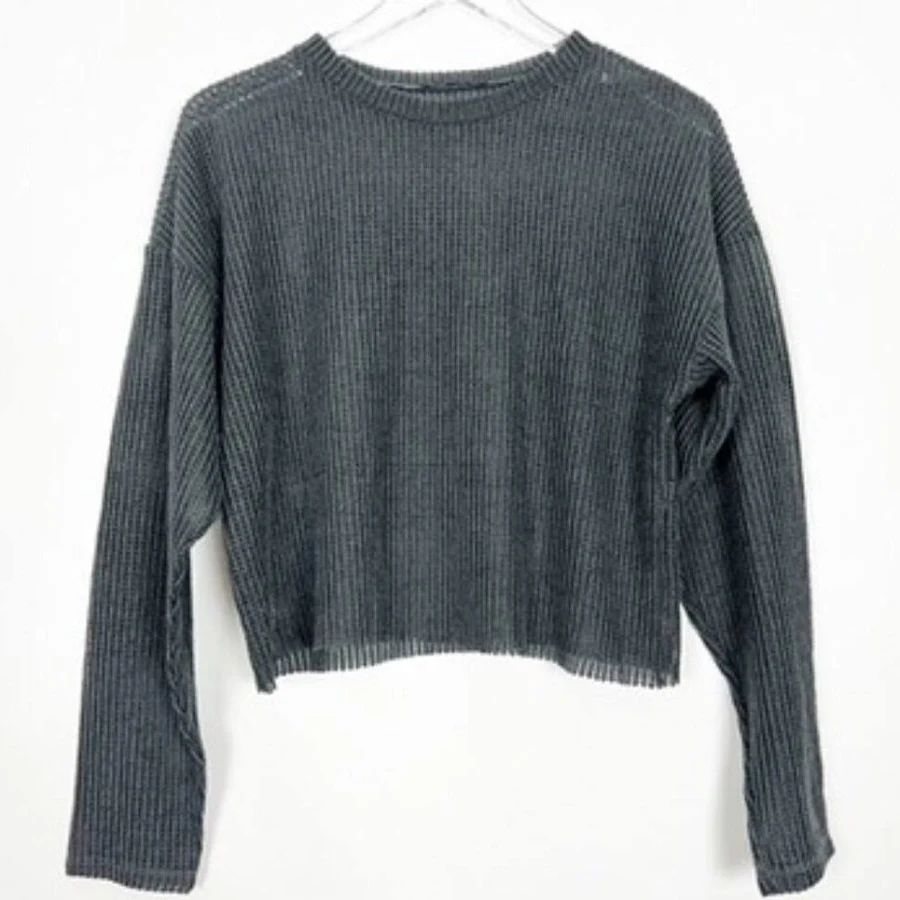 crop top Zara Tops | Zara Mesh Top Women's L Charcoal Grey See-Through Cropped Long Sleeve Crew Neck | Color: Gray | Size: L | Wellhung0230's Closet Poshmark $36