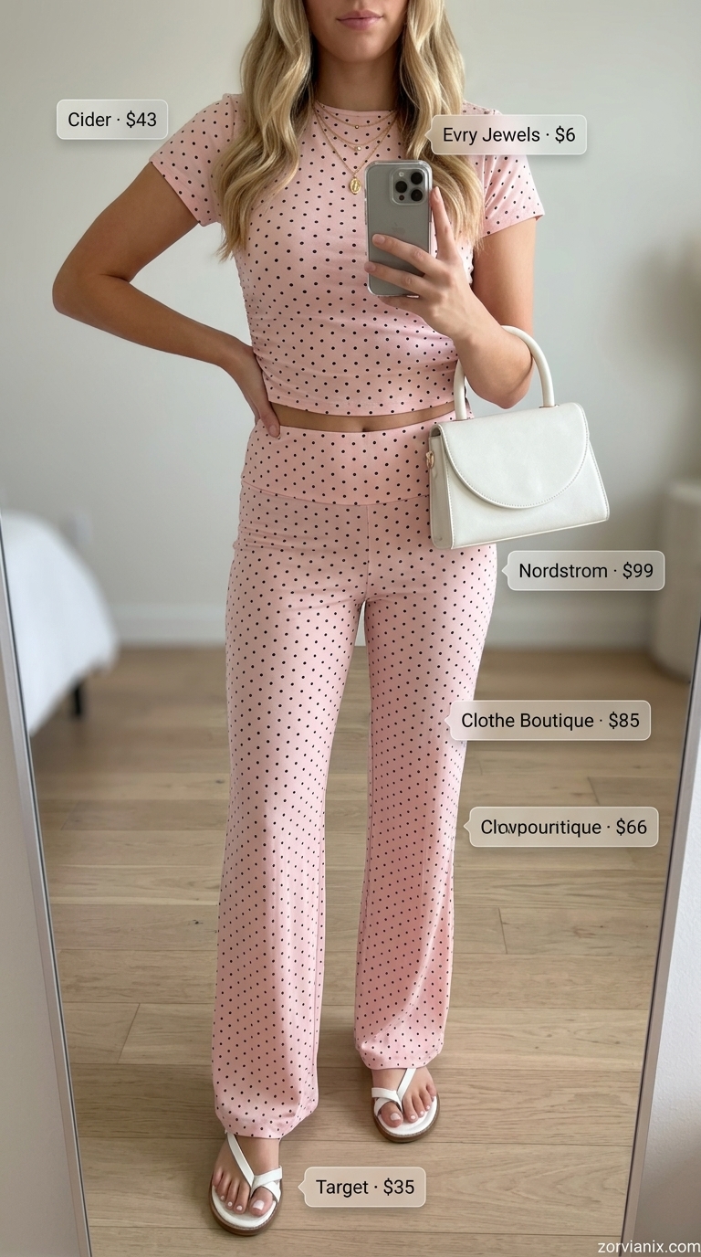 Pink polka dot matching set for summer festivals. Retro summer polka dots outfits for women 2026.