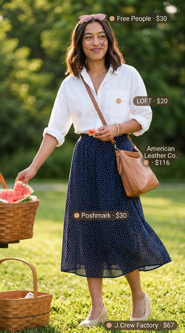 Navy polka dot midi skirt outfit for picnics. Retro summer polka dots outfits for women 2026.