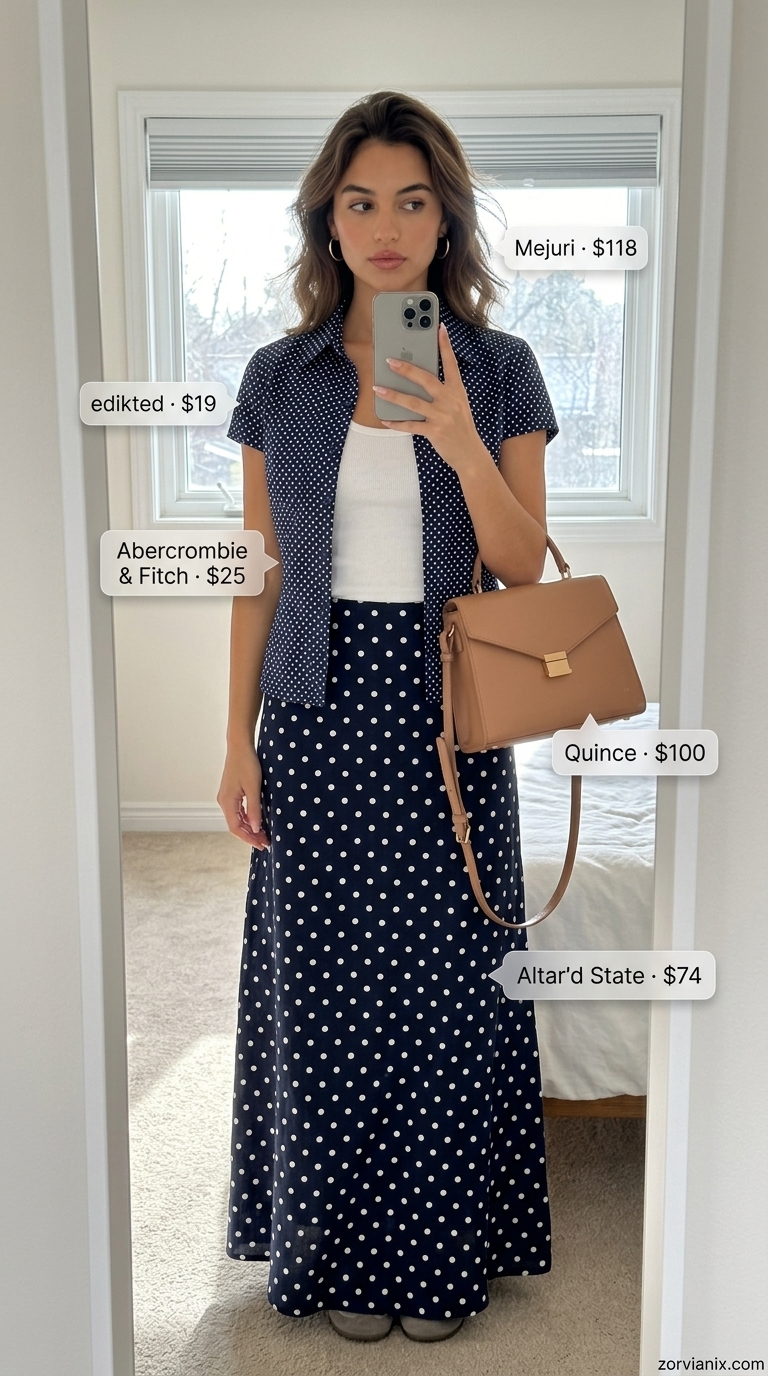 Navy polka dot midi skirt outfit for picnics. Retro summer polka dots outfits for women 2026.