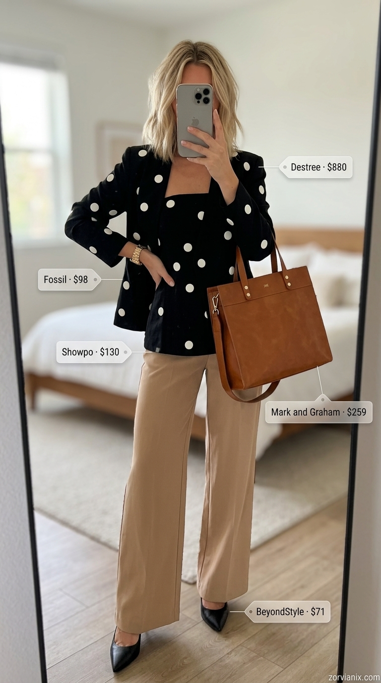 Black and white polka dot blazer suit for summer events. Retro summer polka dots outfits for women 2026.