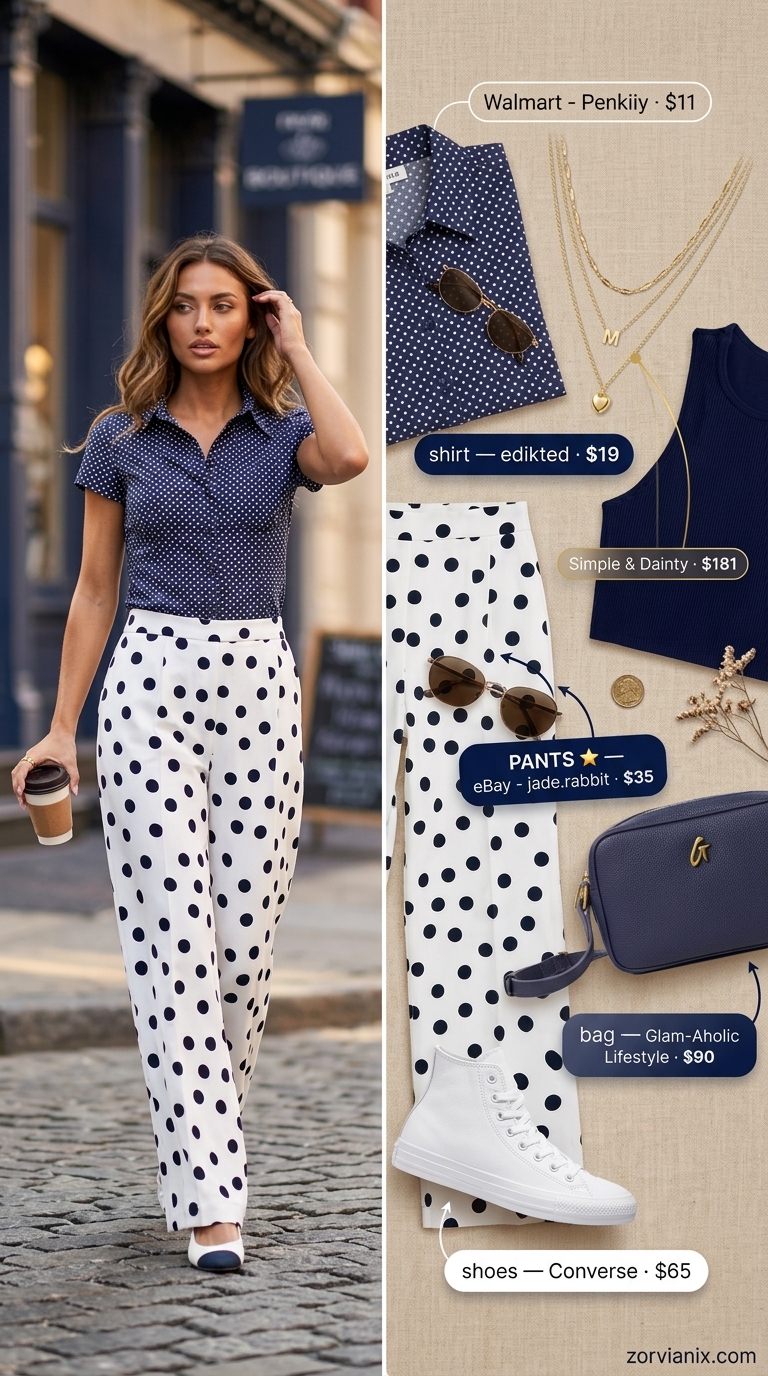 Retro summer polka dots outfits for women 2026: Navy polka dot wide-leg pants, crop top, white sneakers for city sightseeing.