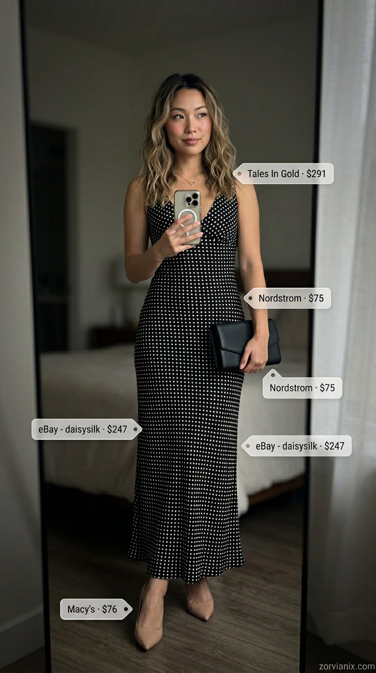 Retro summer polka dots outfits for women 2026: Black and white polka dot midi wrap dress, nude heels, and gold jewelry for evening.