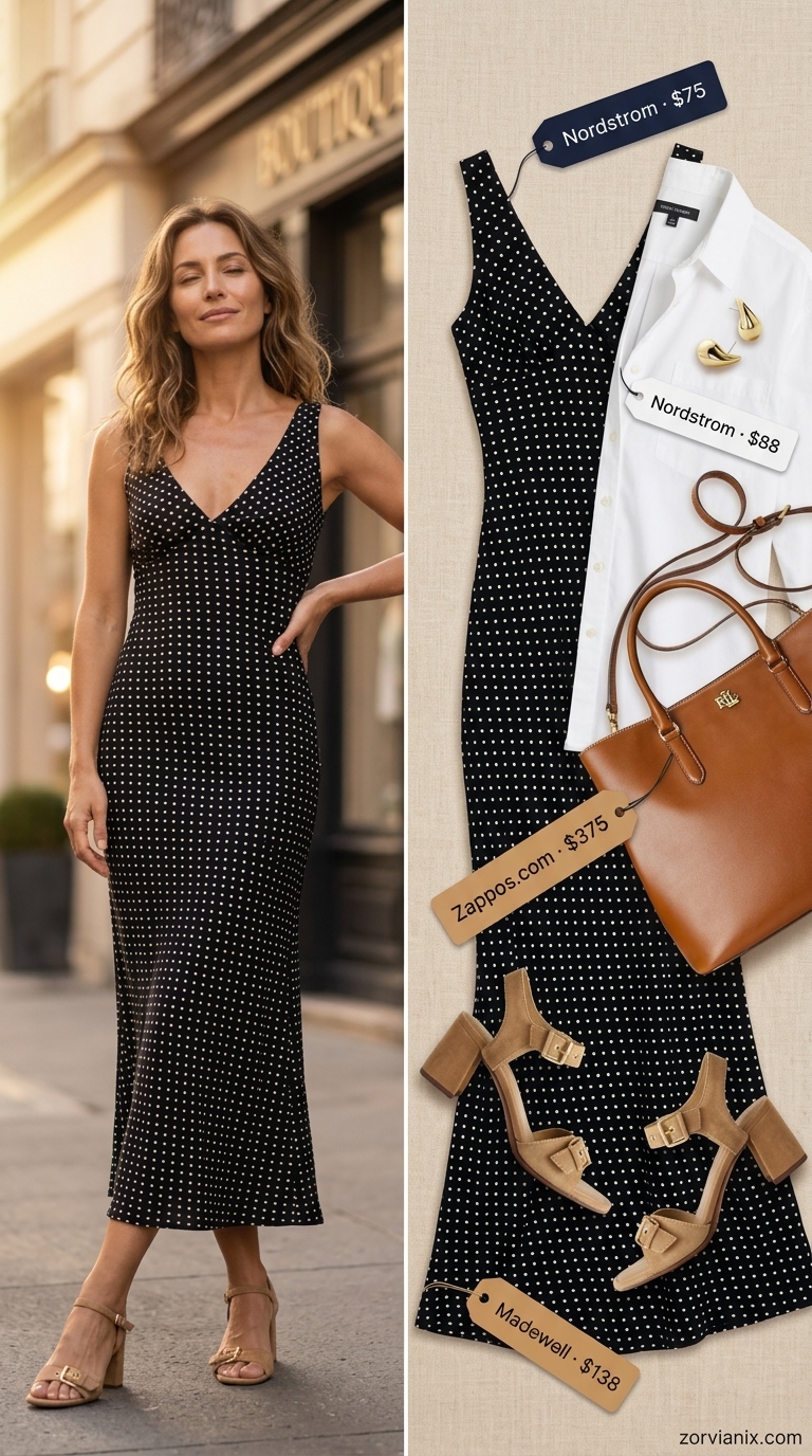 Retro summer polka dots outfits for women 2026: Navy polka dot midi skirt, white shirt, tan sandals for garden party.