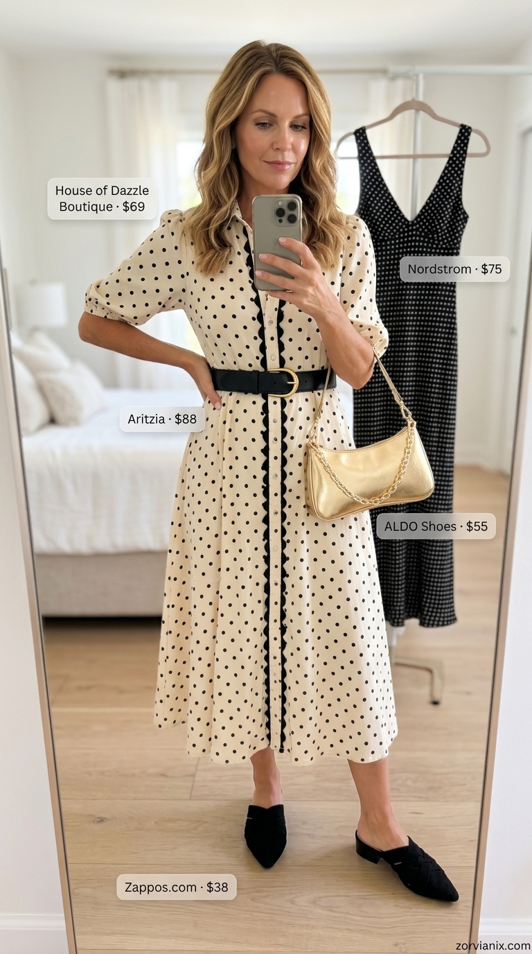 Retro summer polka dots outfits for women 2026: Cream and black polka dot midi shirt dress, wide belt, and mules for vacation.