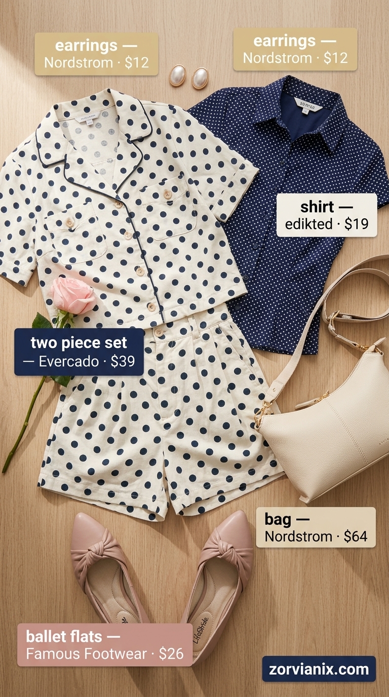 Retro summer polka dots outfits for women 2026: Navy polka dot matching set, ballet flats, crossbody bag for picnic.