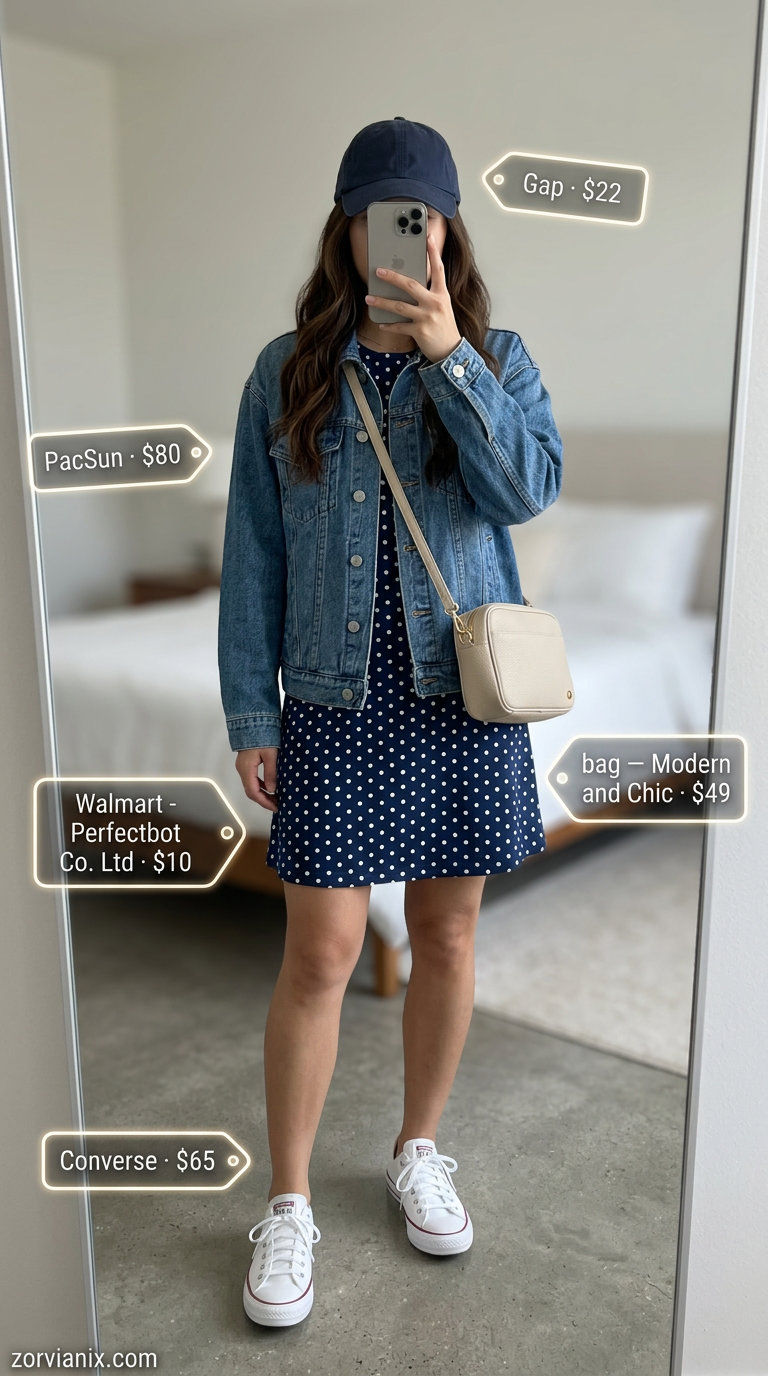 Retro summer polka dots outfits for women 2026: Navy polka dot t-shirt dress, denim jacket, white sneakers for casual weekend.
