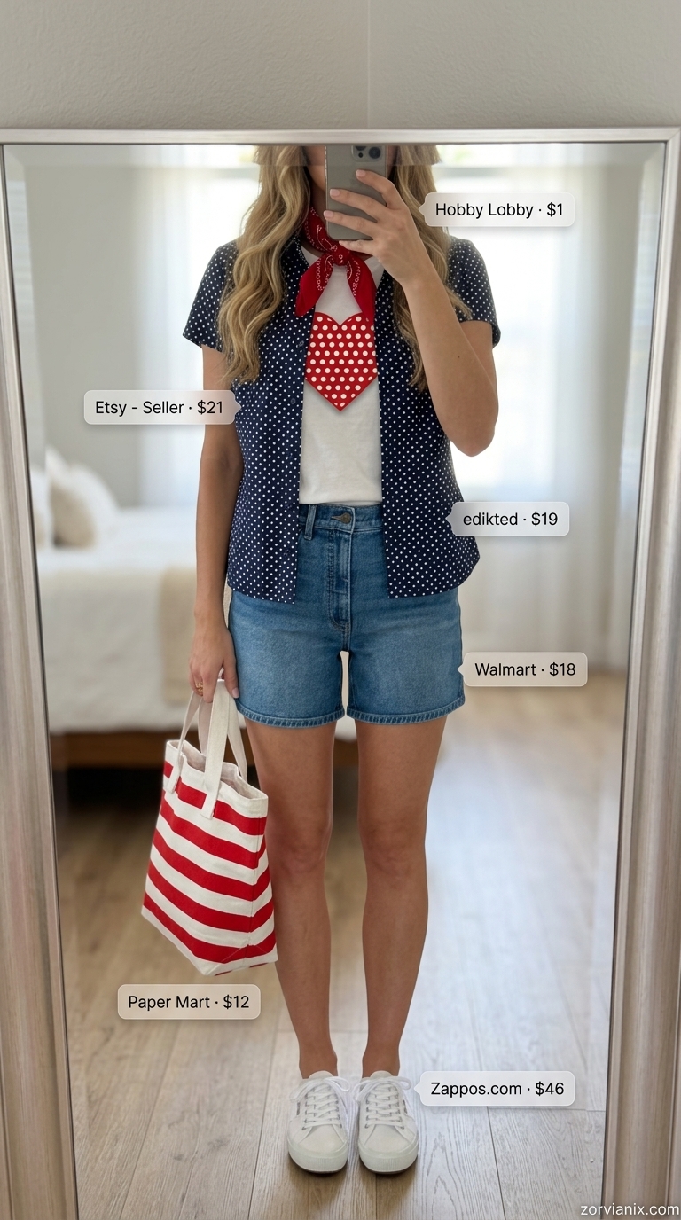 Retro summer polka dots outfits for women 2026: Red and white polka dot t-shirt, denim shorts, canvas sneakers for casual outing.