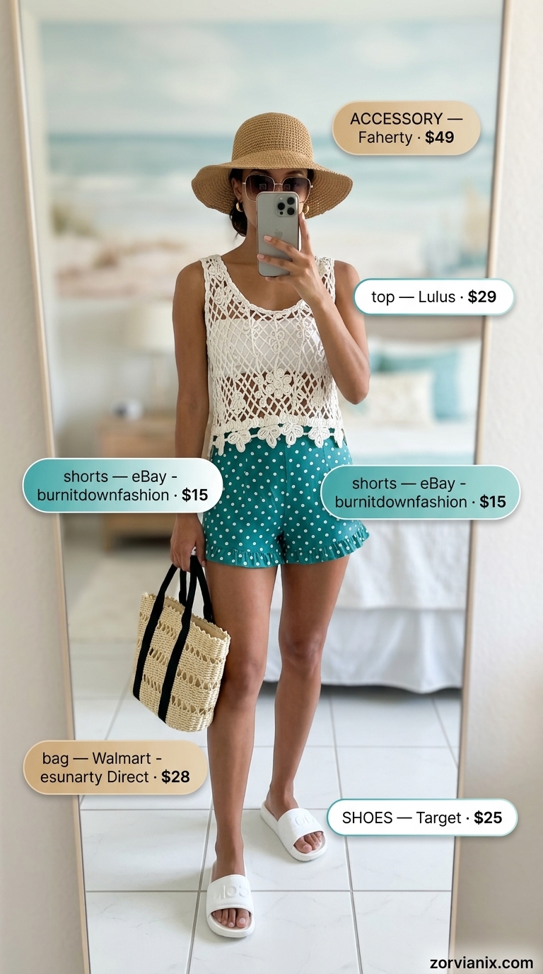 Retro summer polka dots outfits for women 2026: Teal bikini with white polka dots, crochet top, straw hat & sandals for beach day.