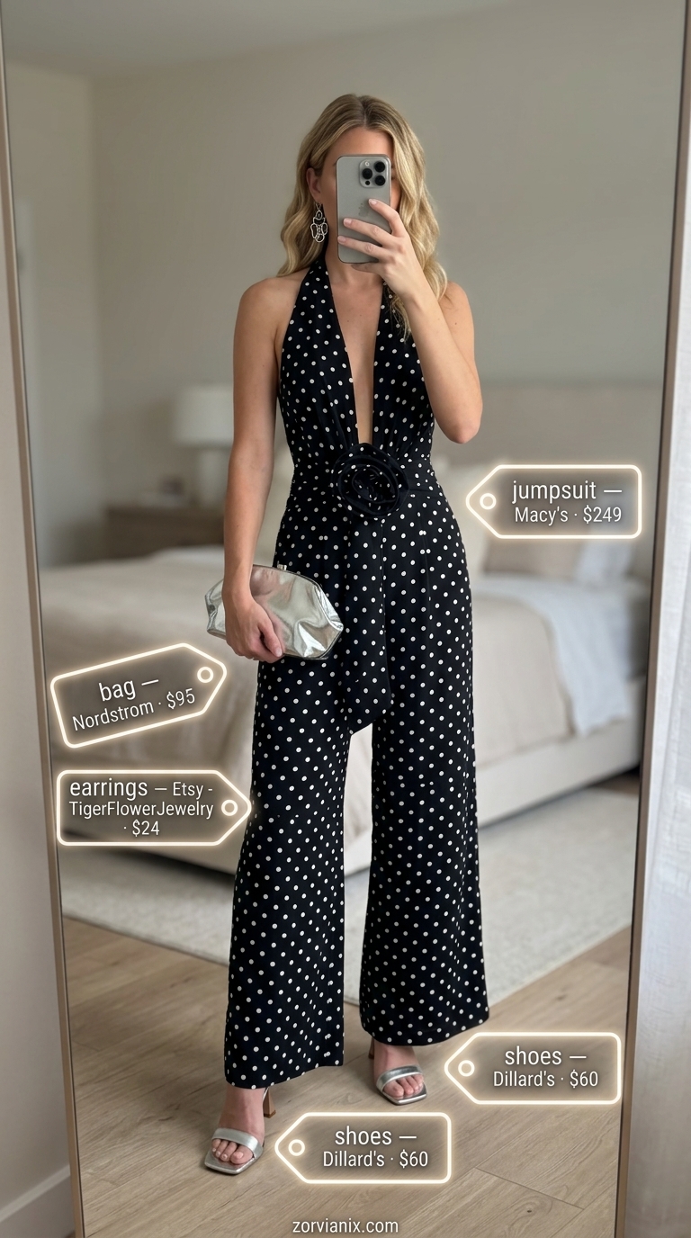 Chic retro summer polka dots outfits for women 2026: Black & white polka dot halter jumpsuit, silver sandals & clutch for date night.