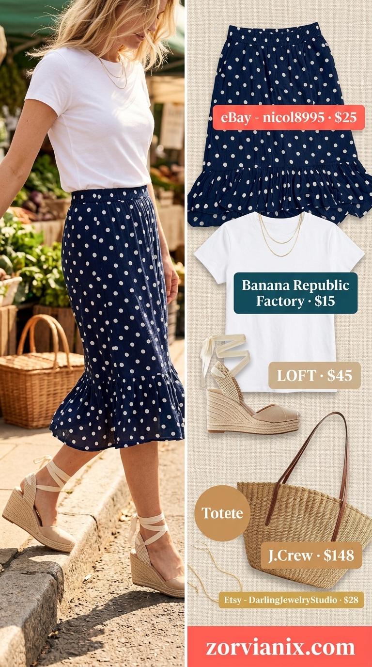 Playful retro summer polka dots outfits for women 2026: Navy & white polka dot midi skirt, white tee, espadrilles & straw tote.