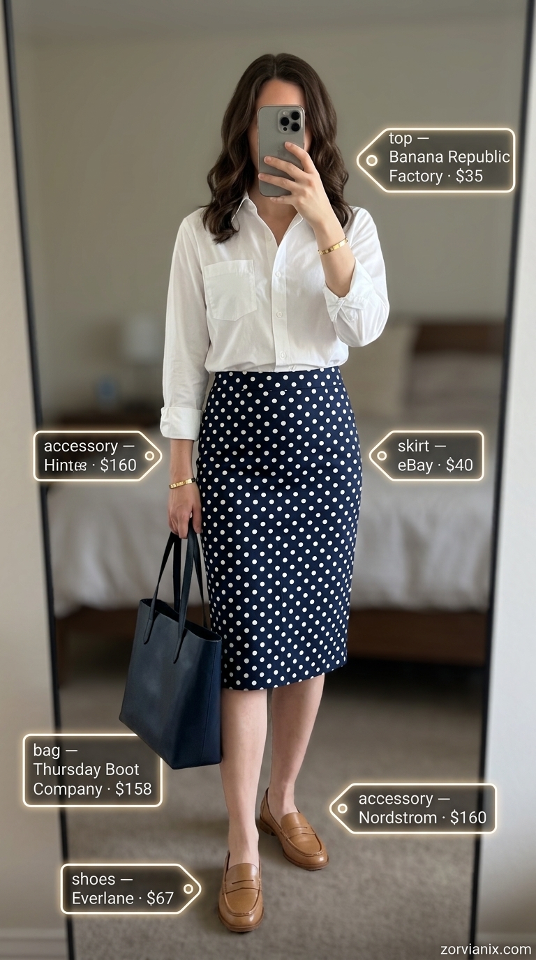 Polished retro summer polka dots outfits for women 2026: Navy & white polka dot pencil skirt, white shirt, loafers & tote bag.