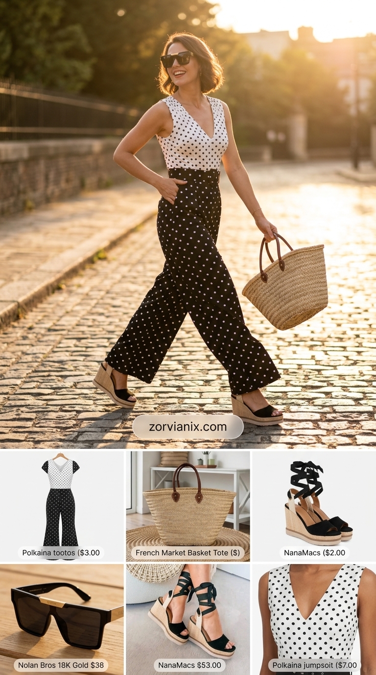 Chic retro summer polka dots outfits for women 2026: Black & white polka dot jumpsuit, espadrilles, straw tote & sunglasses for resort.