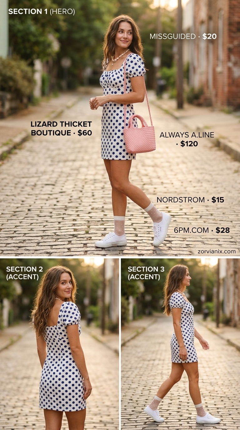 Sweet retro summer polka dots outfits for women 2026: Navy & white polka dot sundress, canvas sneakers, straw bag & ankle socks.