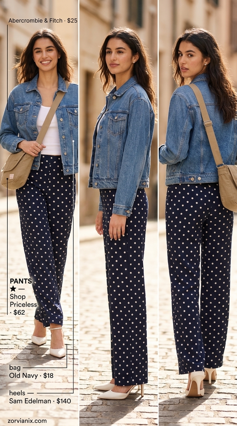 Casual retro summer polka dots outfits for women 2026: Navy & white polka dot linen pants, denim jacket, tank & canvas bag for weekend.