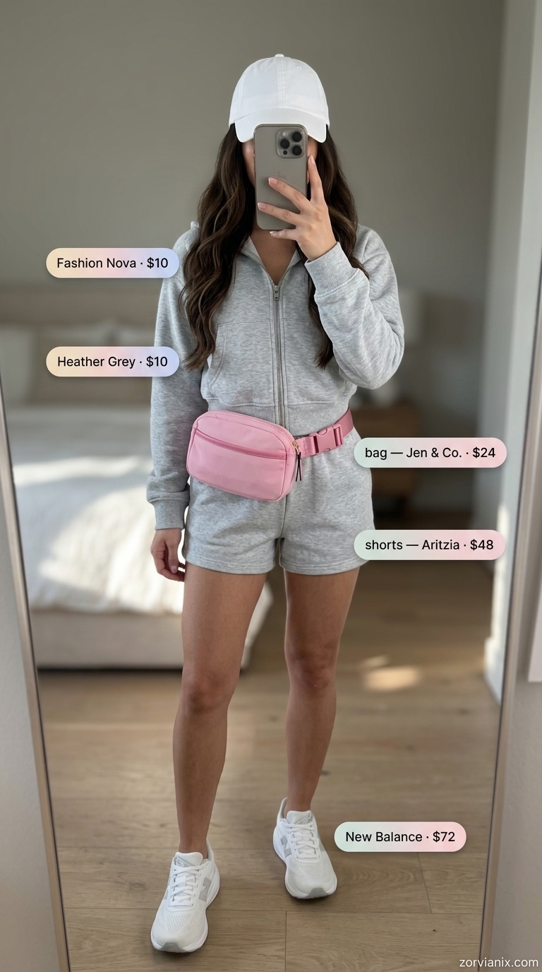 Athleisure short outfits for women summer 2026: Grey sweat shorts, cropped hoodie, pink belt bag.