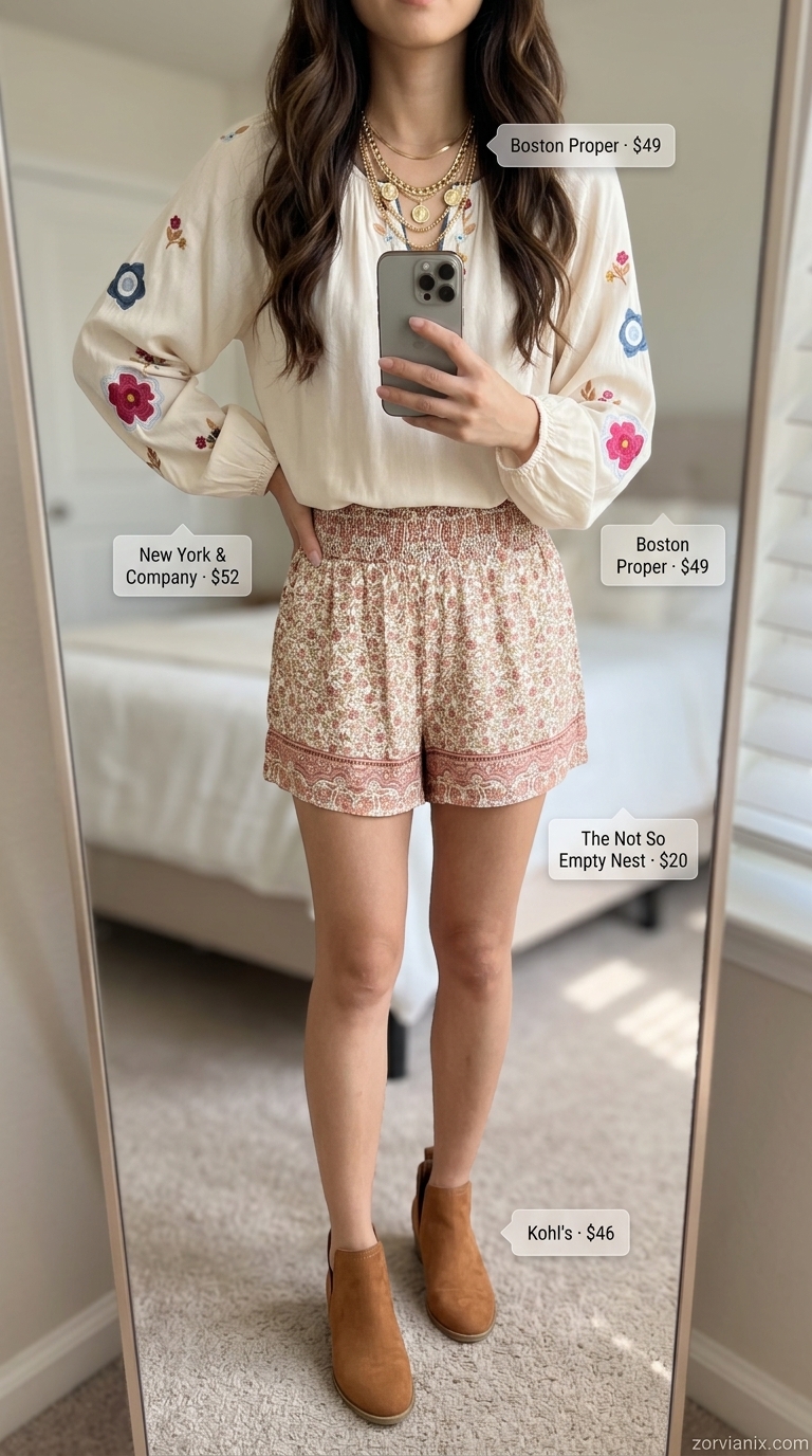 Bohemian rhapsody outfit for women summer 2026. Muted pink floral shorts, peasant blouse, and suede boots for festivals.