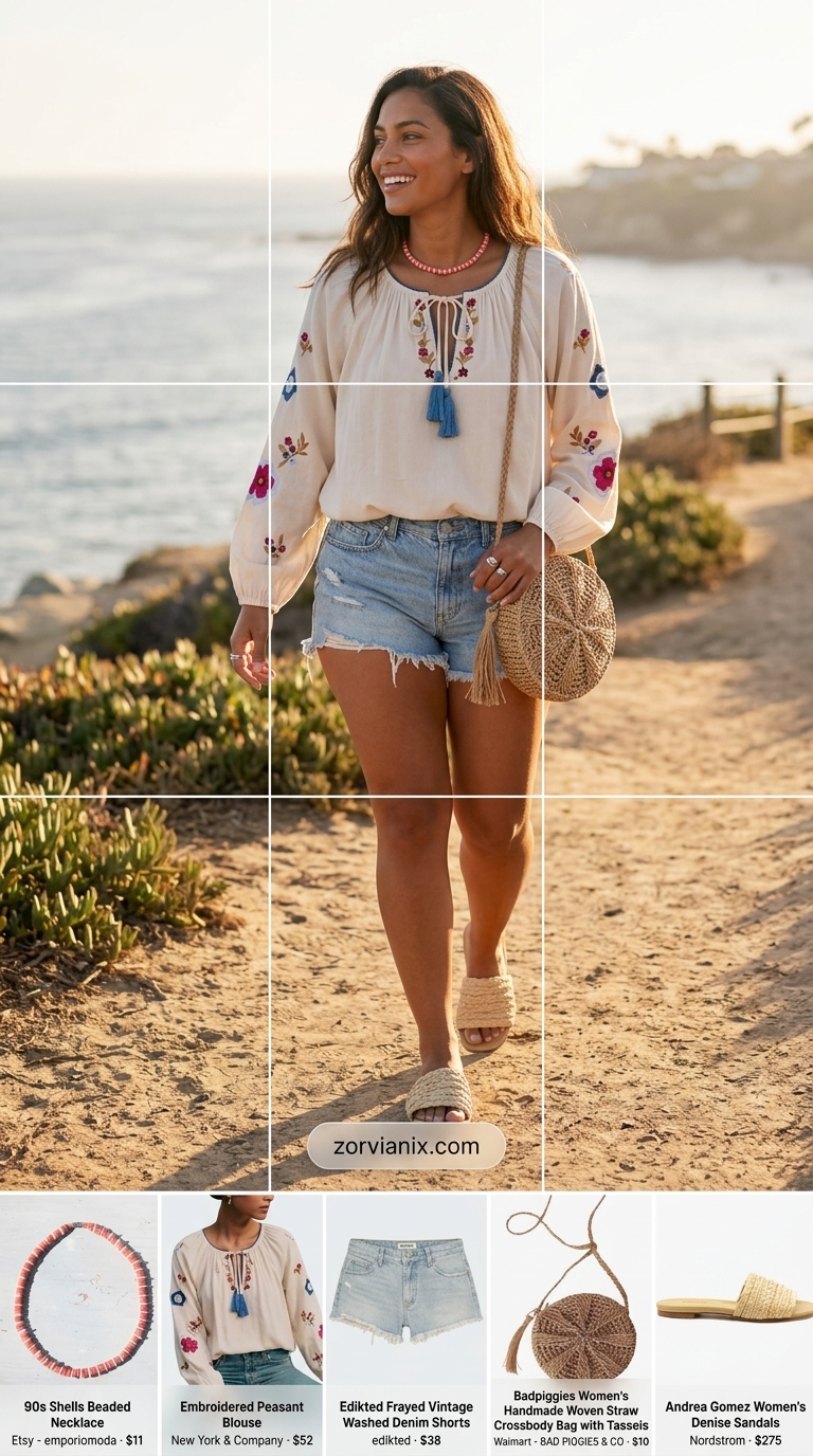 Boho short outfits for women summer 2026: Denim shorts, embroidered peasant top, straw crossbody bag.