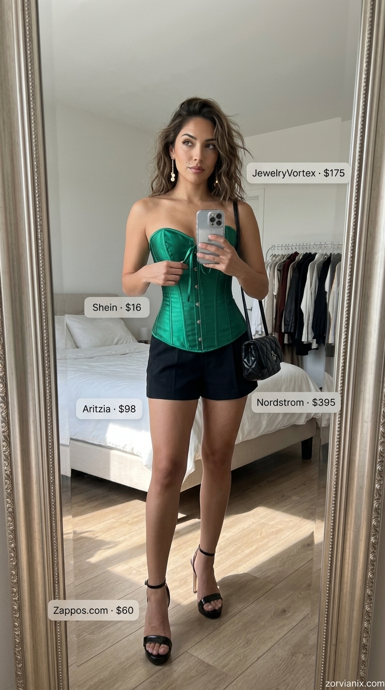 Edgy short outfits for women summer 2026: Black tailored shorts, emerald corset top, strappy heels.