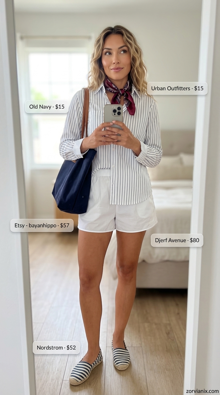 Preppy short outfits for women summer 2026: White poplin shorts, striped button-down, espadrilles.