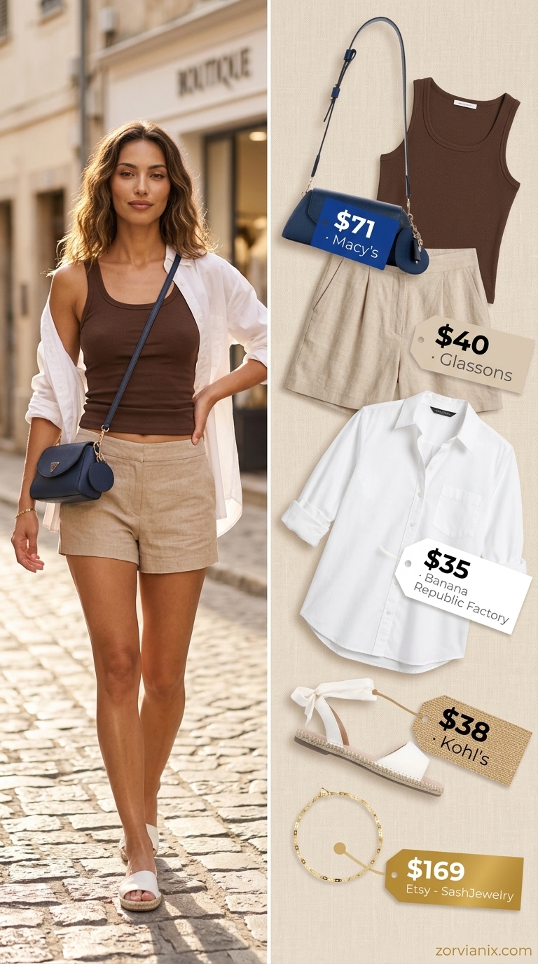 Sky blue linen shorts, navy stripe shirt, espadrilles. Short outfits for women summer 2026 coastal style.