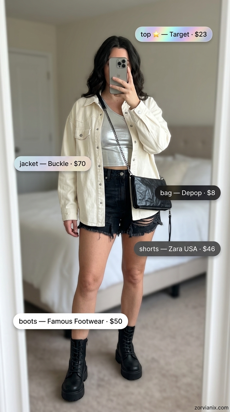 Black distressed shorts, silver crop top, white denim jacket. Short outfits for women summer 2026 concert.