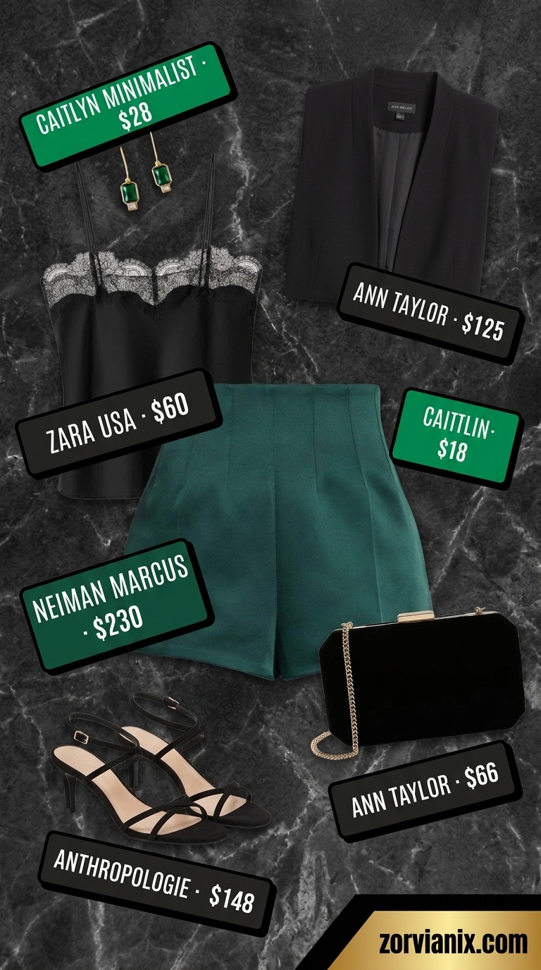 Emerald city nights outfit for women summer 2026. Emerald green satin shorts, black blazer, and stiletto sandals for cocktail parties.