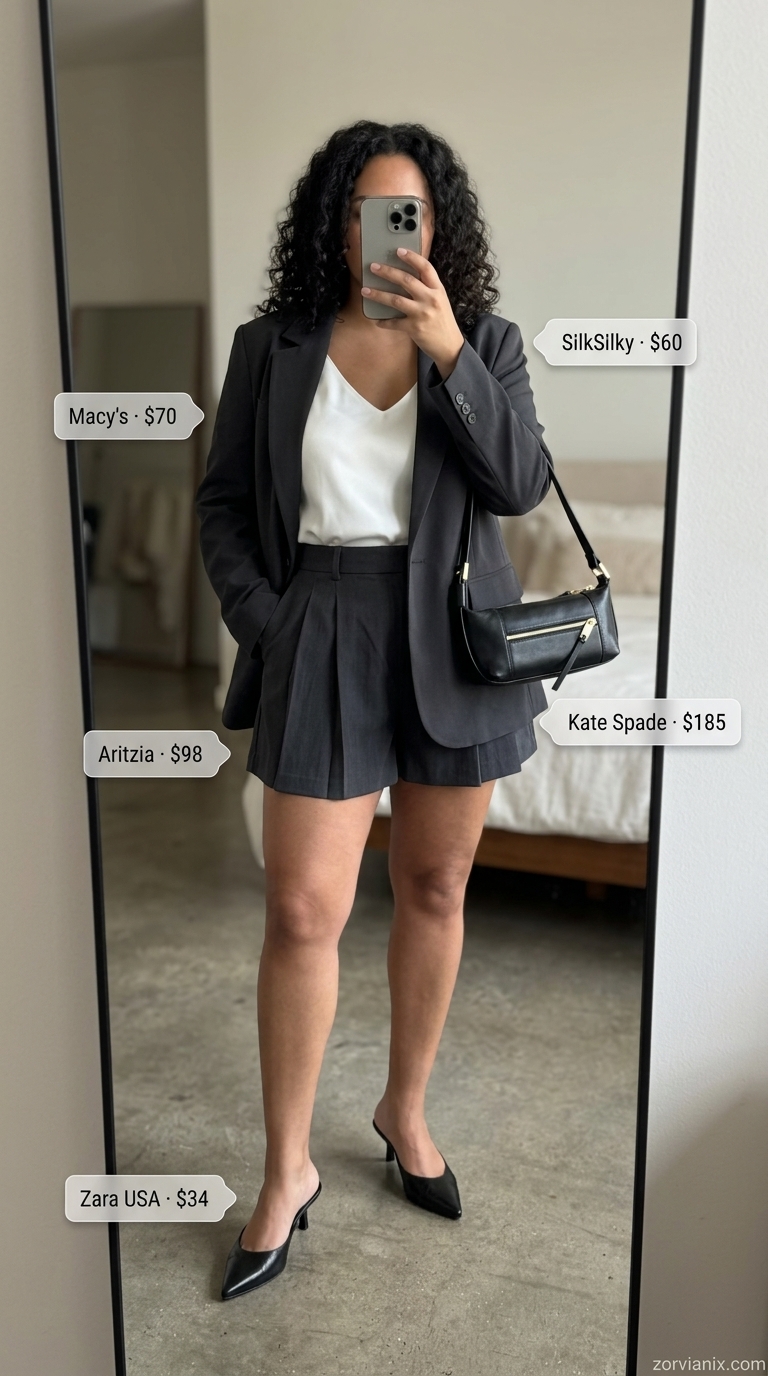 Charcoal grey tailored shorts, white camisole, black blazer. Short outfits for women summer 2026 gallery.
