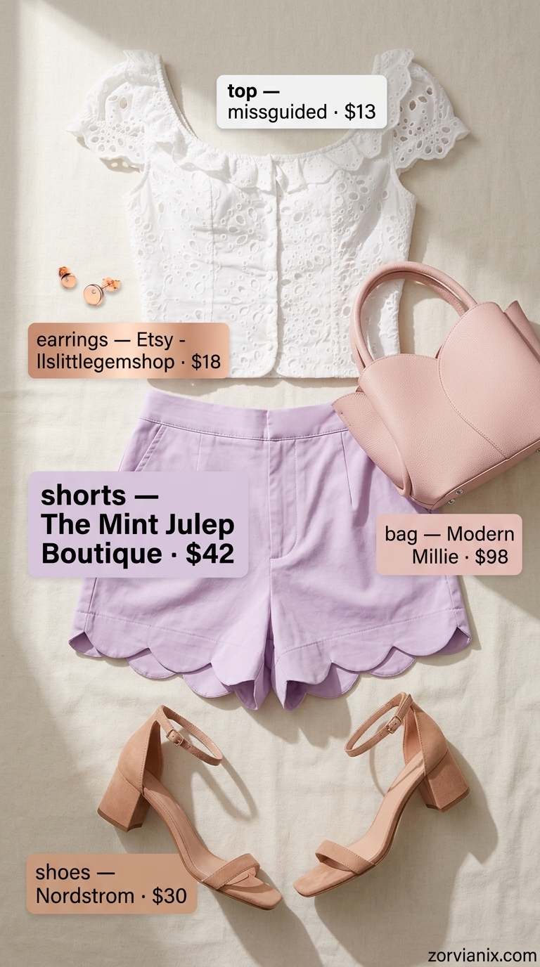 Lavender scalloped shorts, white puff sleeve top, nude sandals. Short outfits for women summer 2026 garden party.