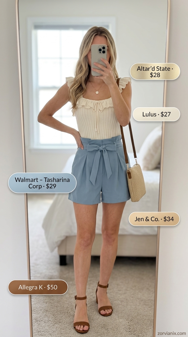 Feminine short outfits for women summer 2026: Dusty blue paperbag shorts, ruffle knit top, woven bag.