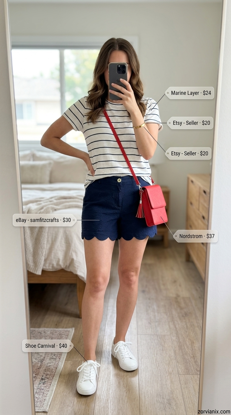 Navy scalloped shorts outfit for women summer 2026, perfect for garden parties and picnics. Navy shorts, striped top, red bag.