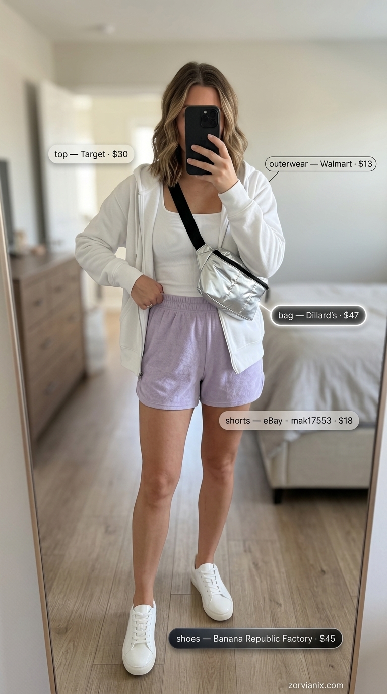 Lavender lounge outfit for women summer 2026. Terry cloth shorts, cropped tank, and sneakers for casual errands.