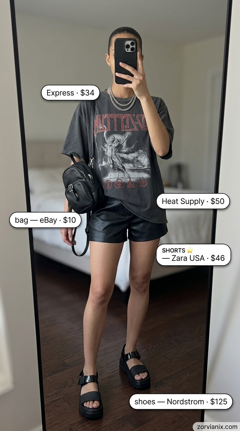 Edgy short outfits for women summer 2026: Black faux leather shorts, band tee, silver necklaces.