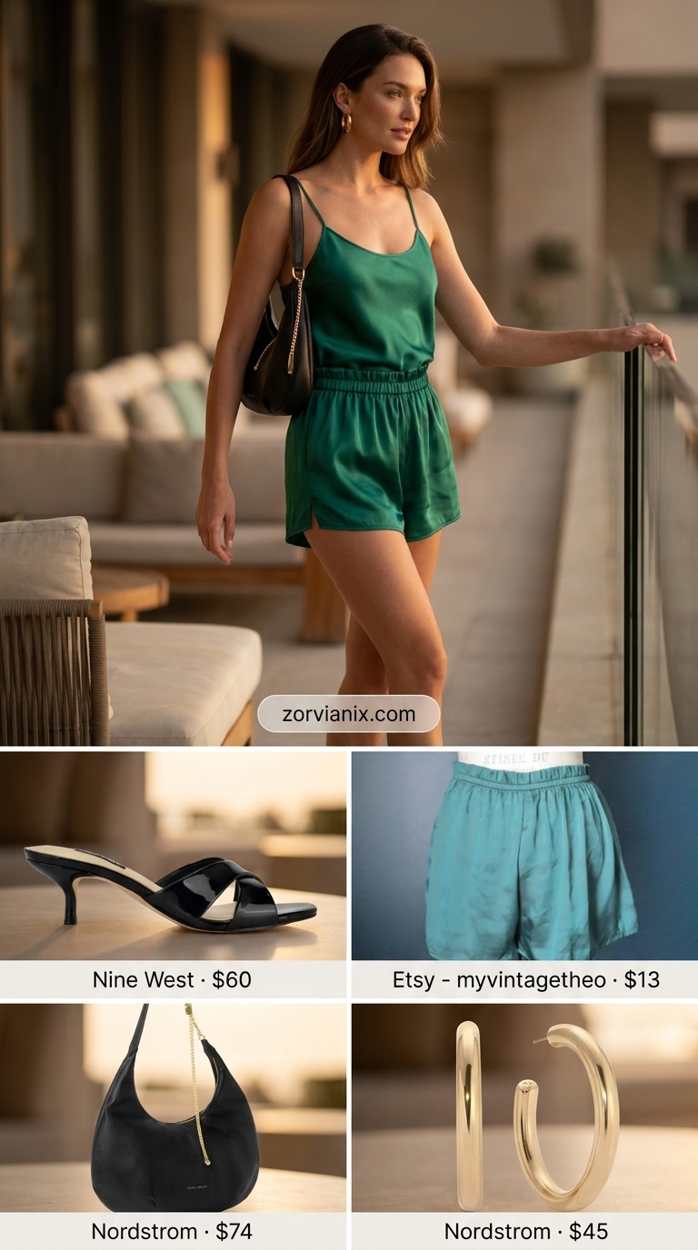 Chic short outfits for women summer 2026: Emerald satin shorts, matching camisole, gold hoop earrings.